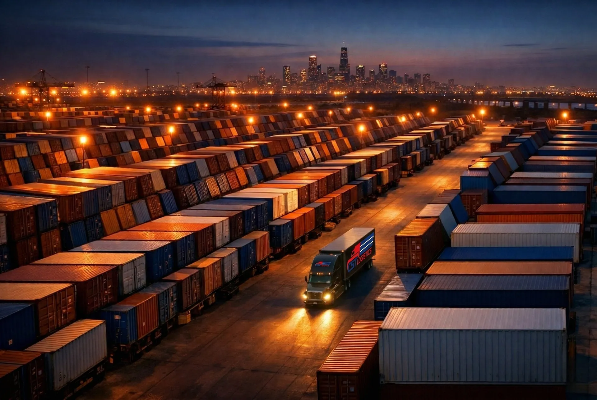 CST Logistics container yard at dusk